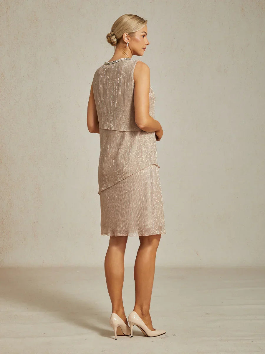 Metallic Pleated Chiffon Midi Dress with Beaded Neckline