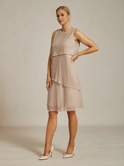 Metallic Pleated Chiffon Midi Dress with Beaded Neckline