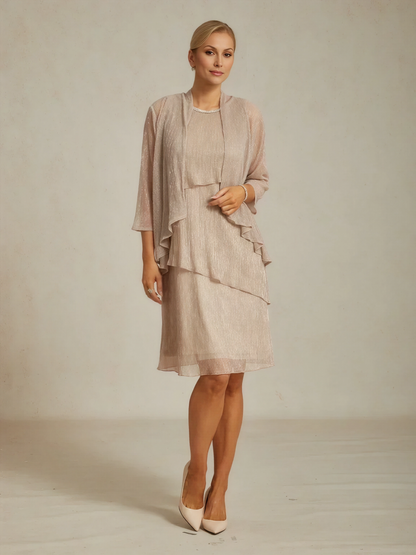 Metallic Pleated Chiffon Midi Dress with Beaded Neckline