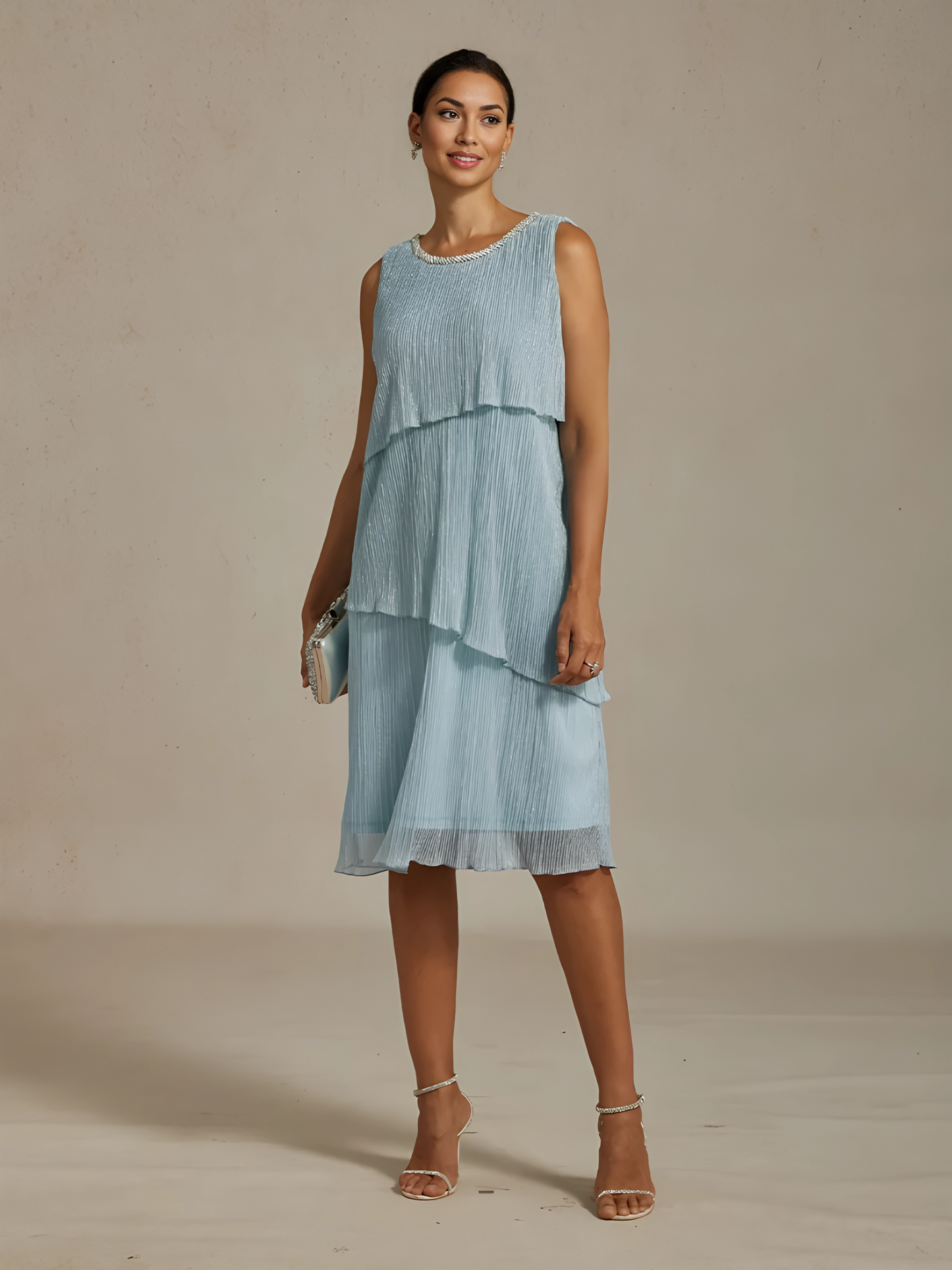 Metallic Pleated Chiffon Midi Dress with Beaded Neckline