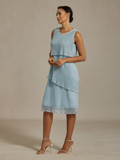 Metallic Pleated Chiffon Midi Dress with Beaded Neckline