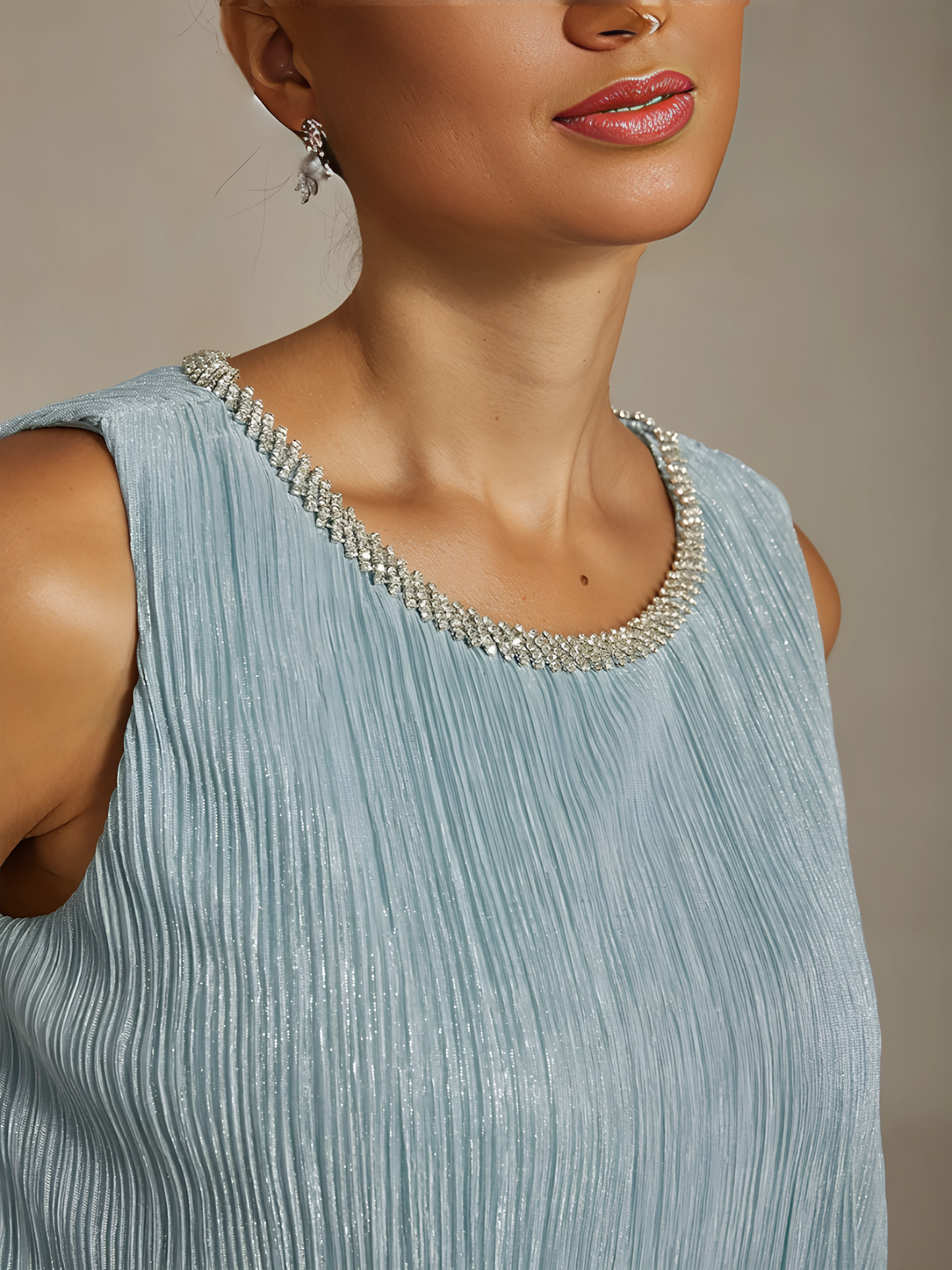 Metallic Pleated Chiffon Midi Dress with Beaded Neckline