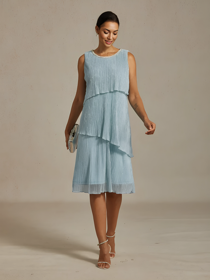 Metallic Pleated Chiffon Midi Dress with Beaded Neckline