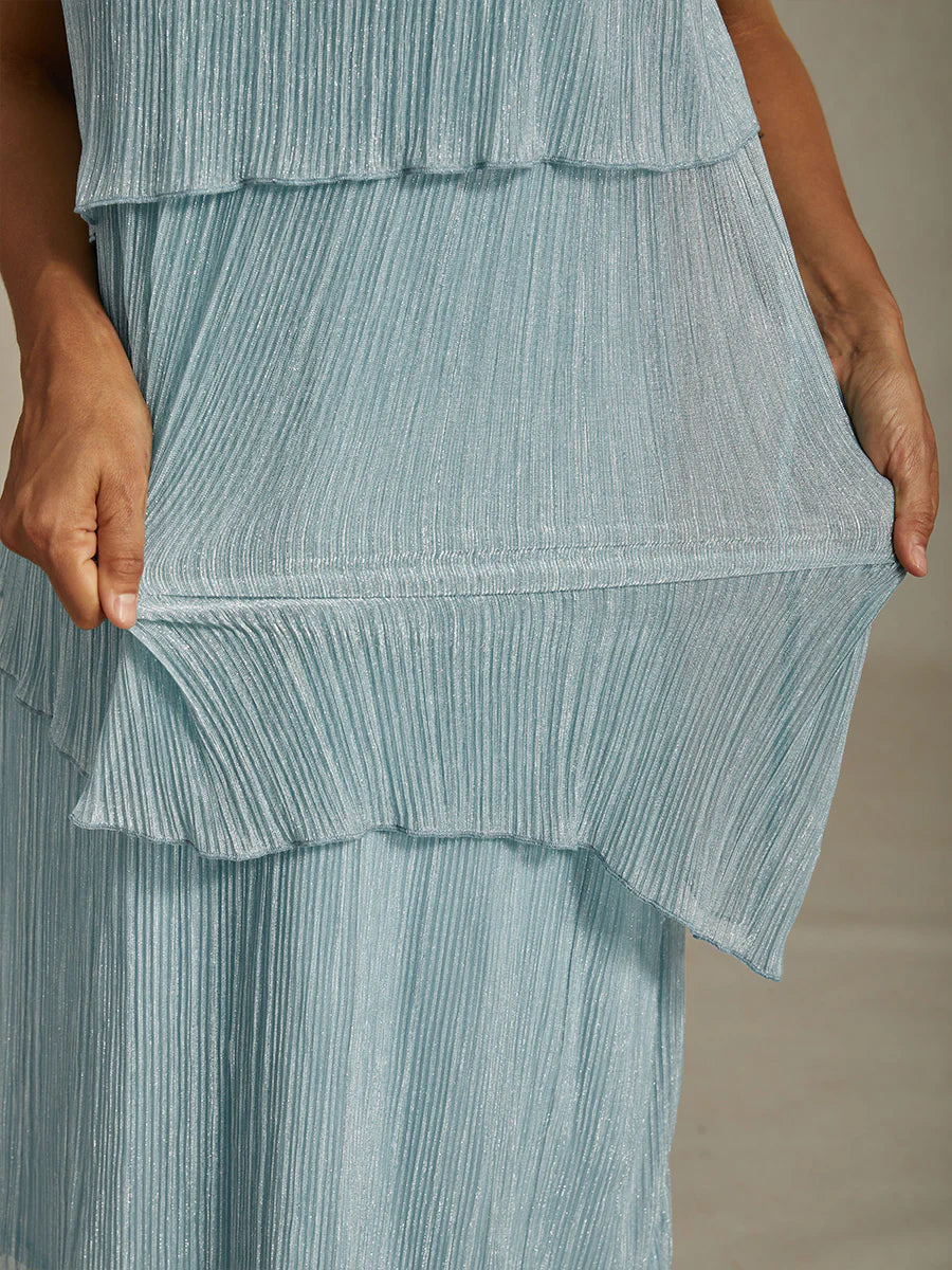 Metallic Pleated Chiffon Midi Dress with Beaded Neckline