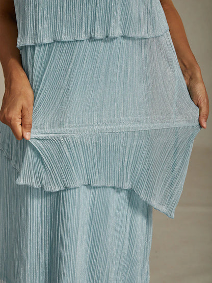 Metallic Pleated Chiffon Midi Dress with Beaded Neckline