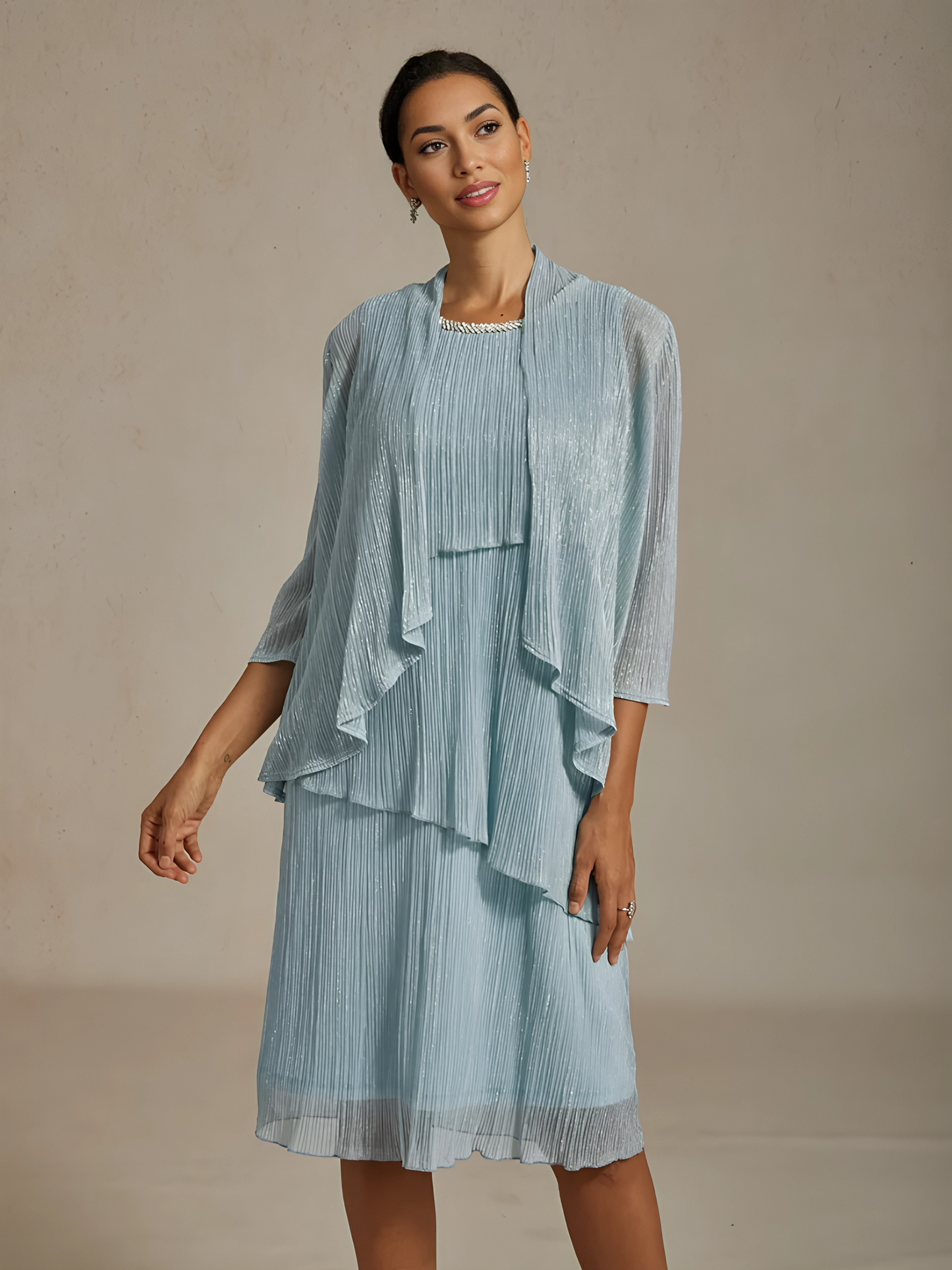 Metallic Pleated Chiffon Midi Dress with Beaded Neckline