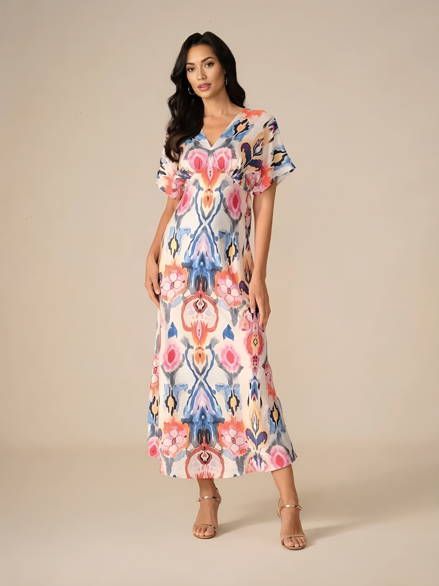Satin Abstract Wrap Maxi Dress