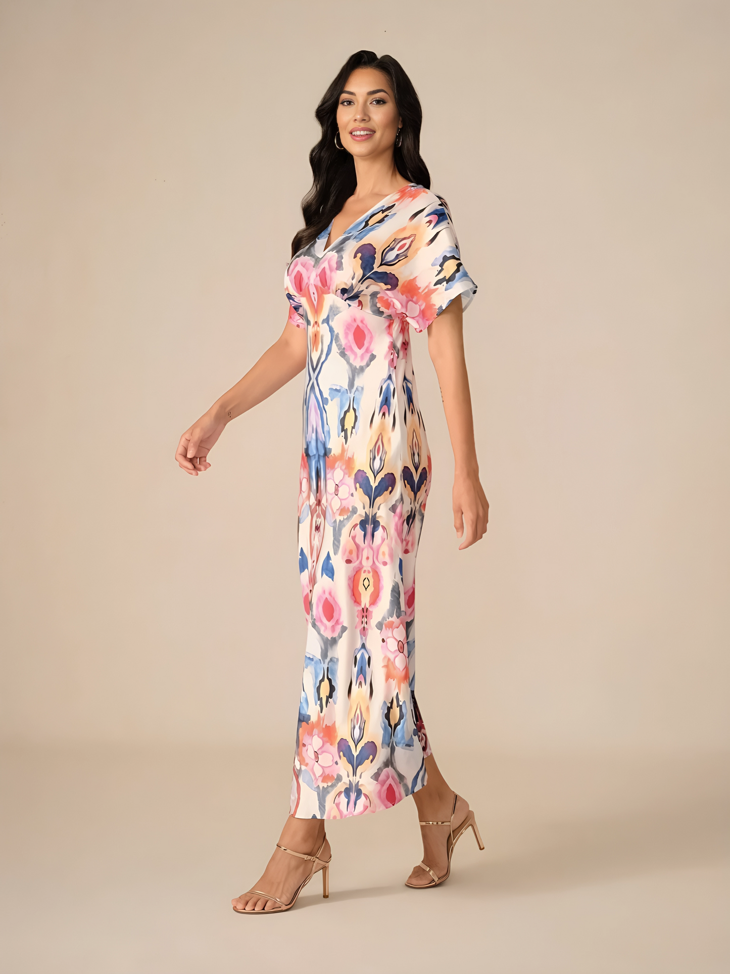 Satin Abstract Wrap Maxi Dress