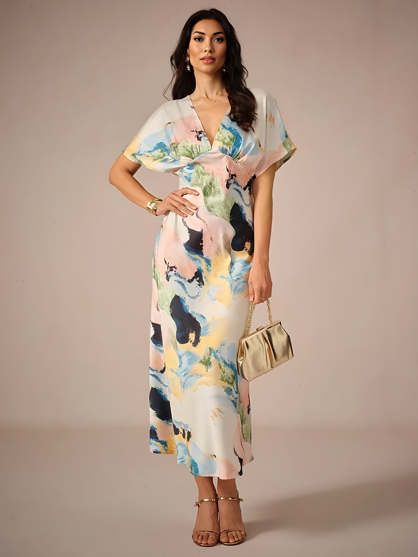 Satin Abstract Wrap Maxi Dress