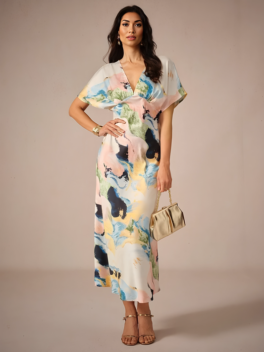 Satin Abstract Wrap Maxi Dress