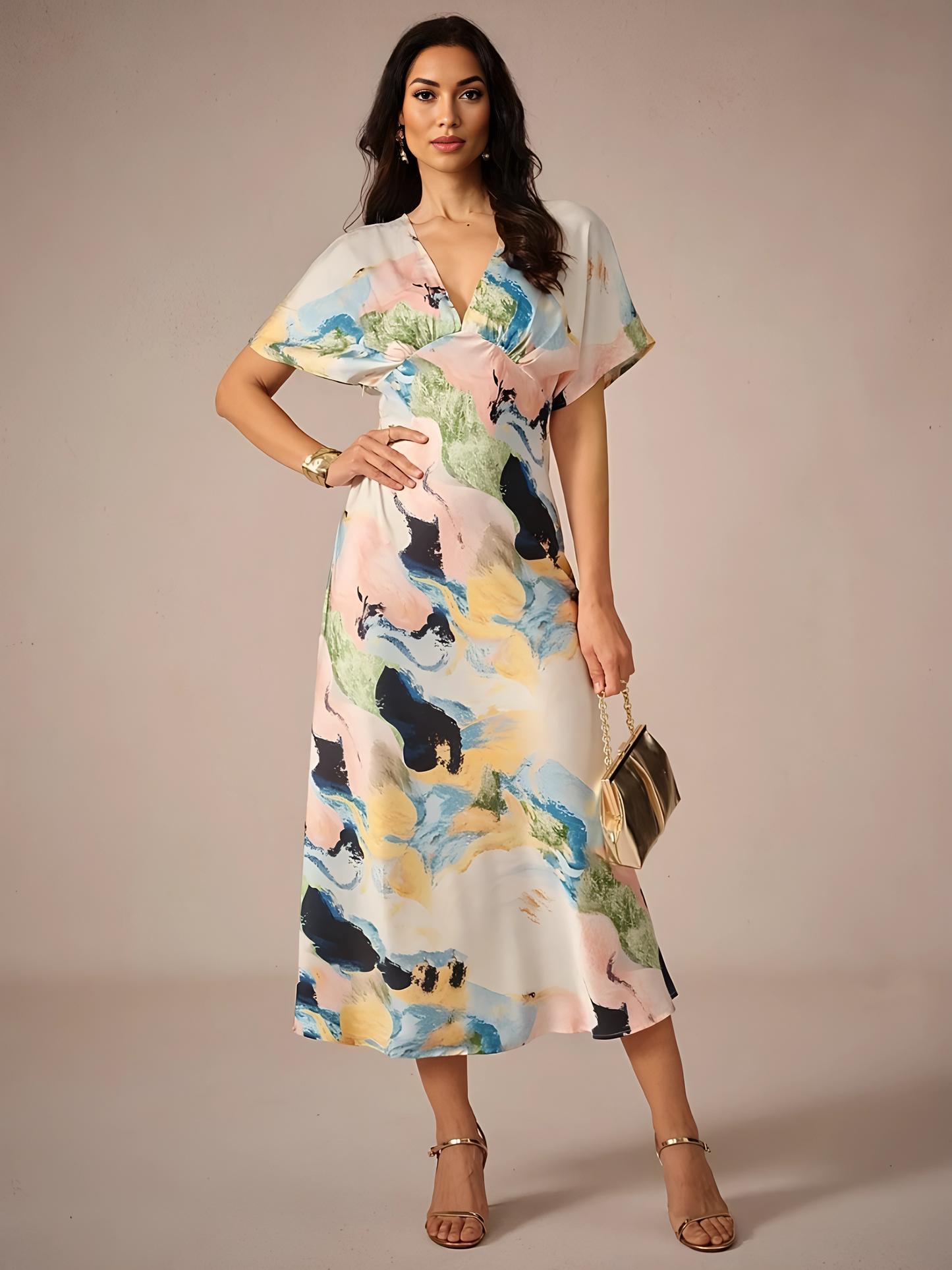 Satin Abstract Wrap Maxi Dress