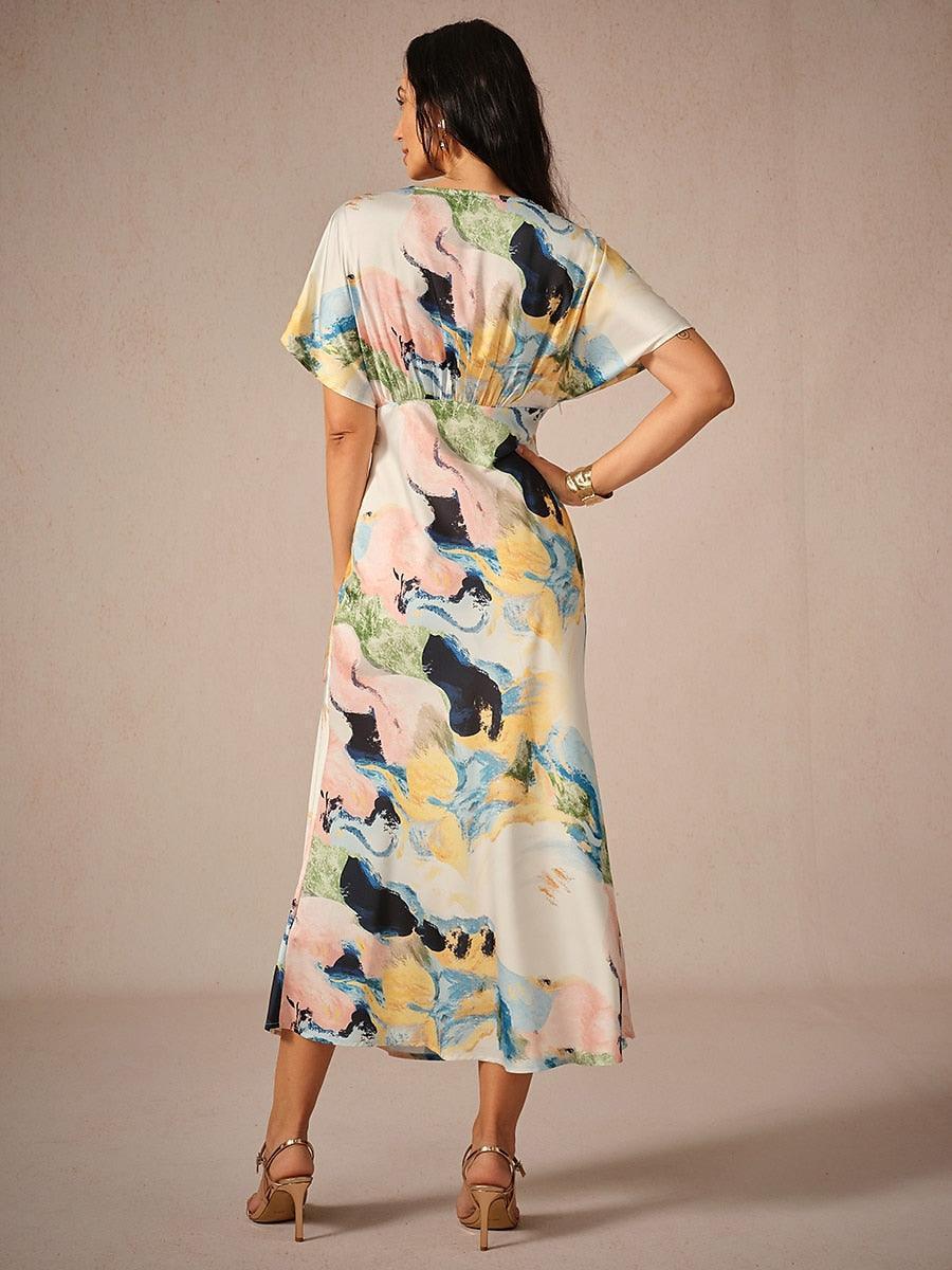 Satin Abstract Wrap Maxi Dress