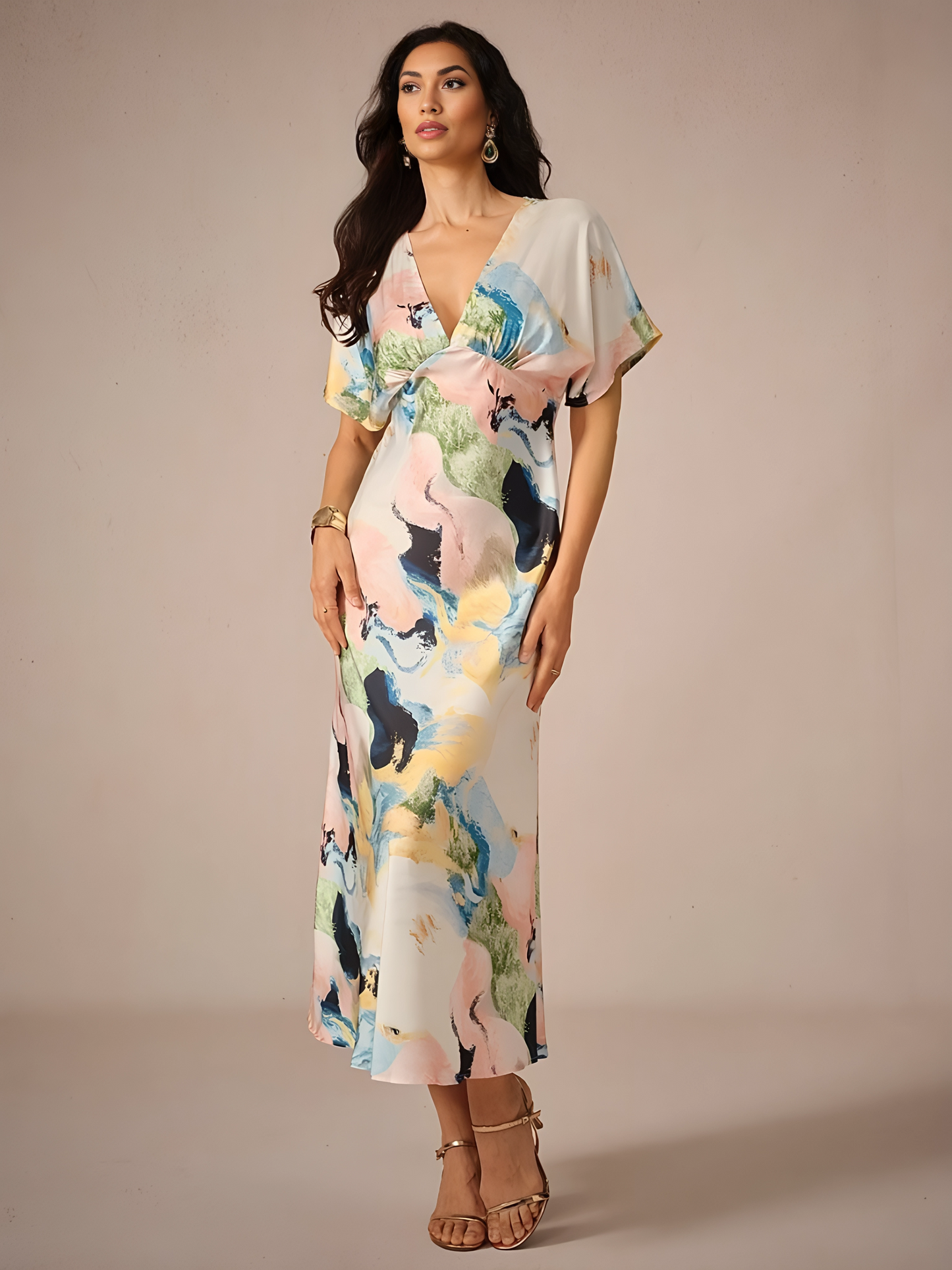 Satin Abstract Wrap Maxi Dress