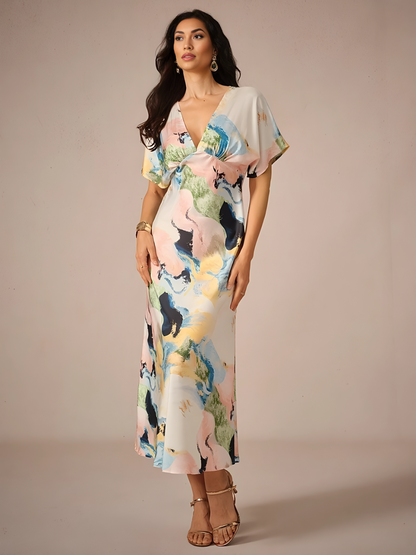 Satin Abstract Wrap Maxi Dress