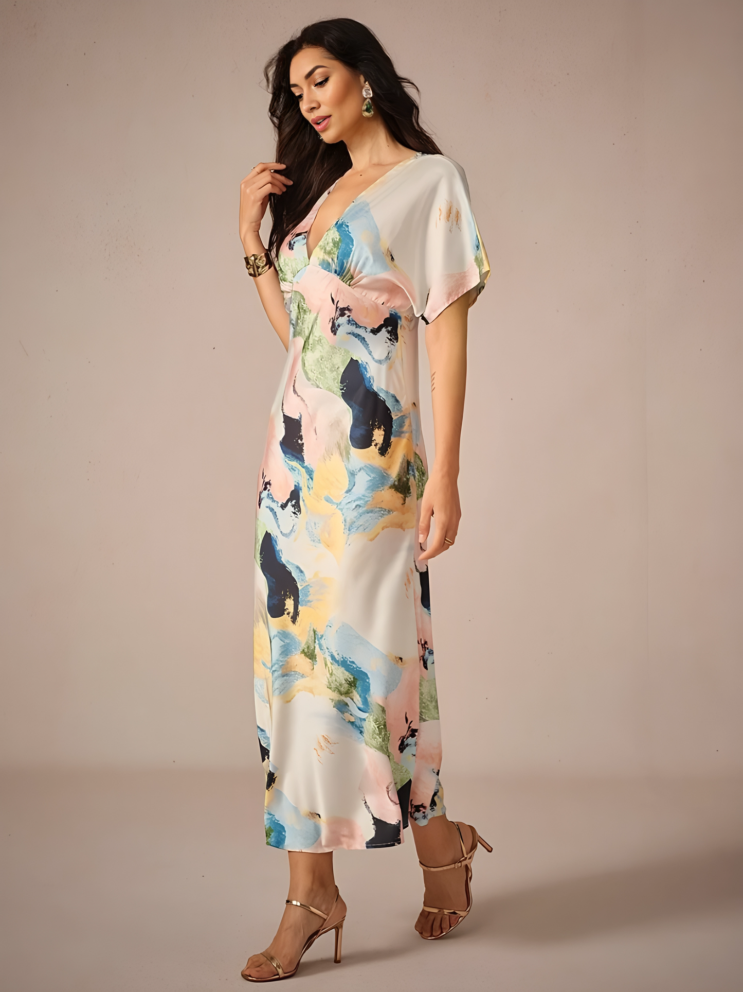 Satin Abstract Wrap Maxi Dress