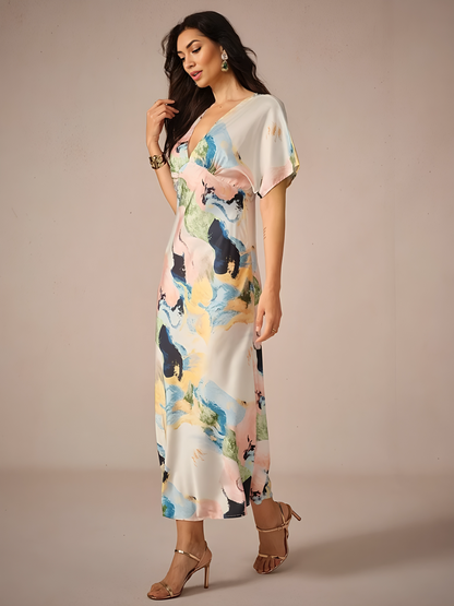 Satin Abstract Wrap Maxi Dress