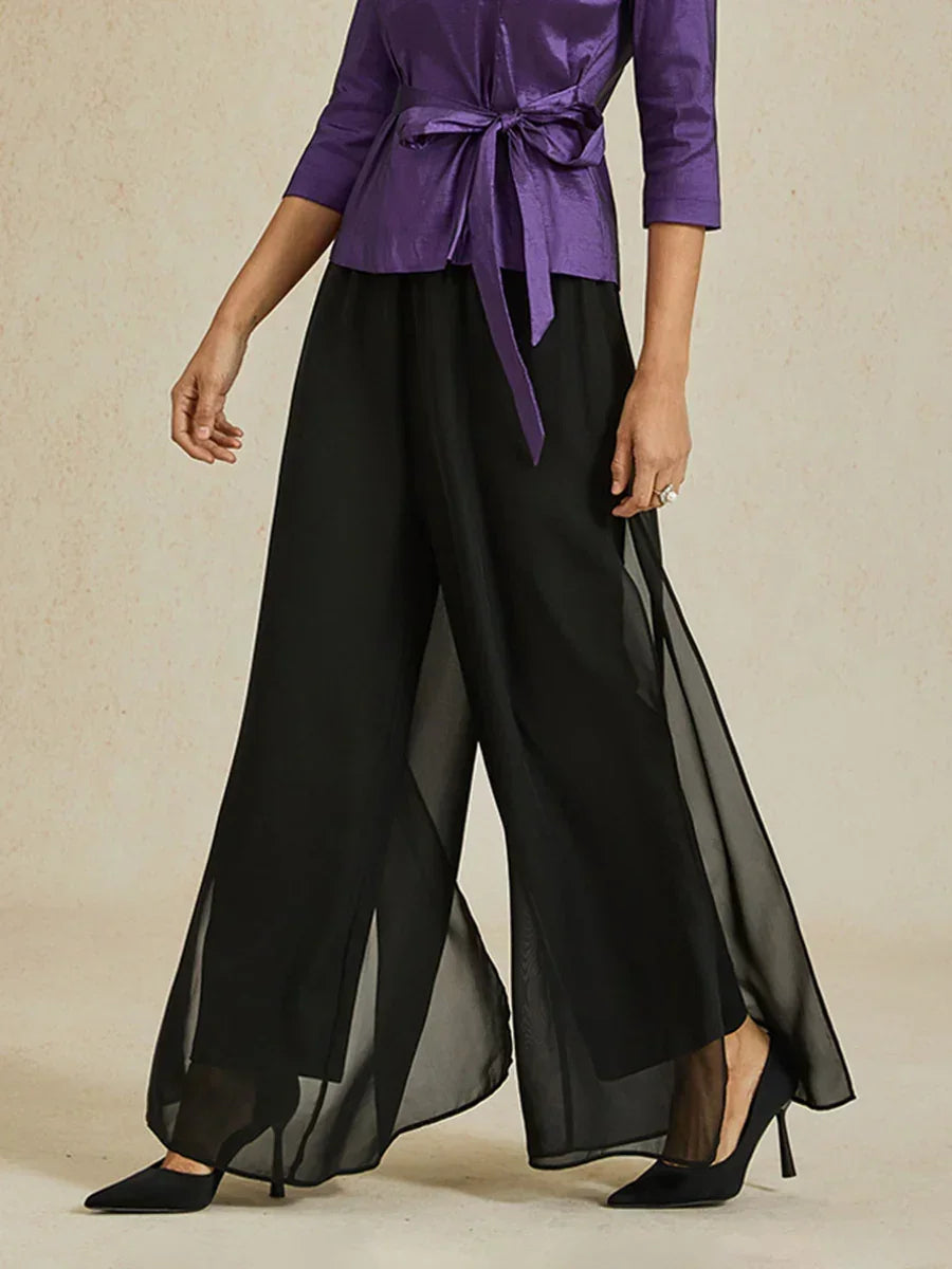 Straight-Leg Pants with Chiffon Split Overlay