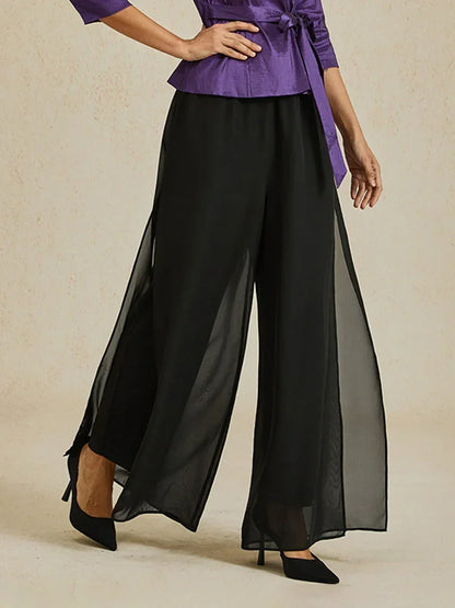 Straight-Leg Pants with Chiffon Split Overlay