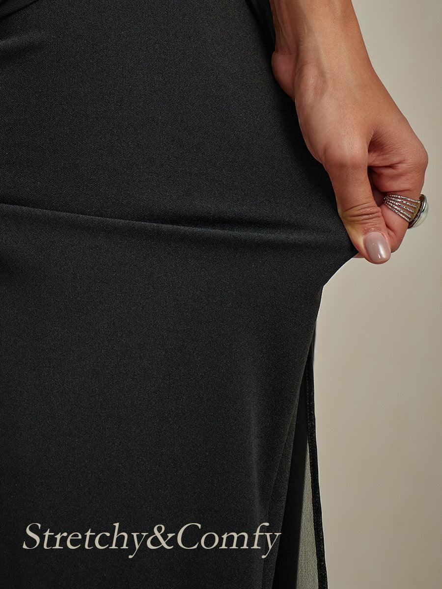 Straight-Leg Pants with Chiffon Split Overlay