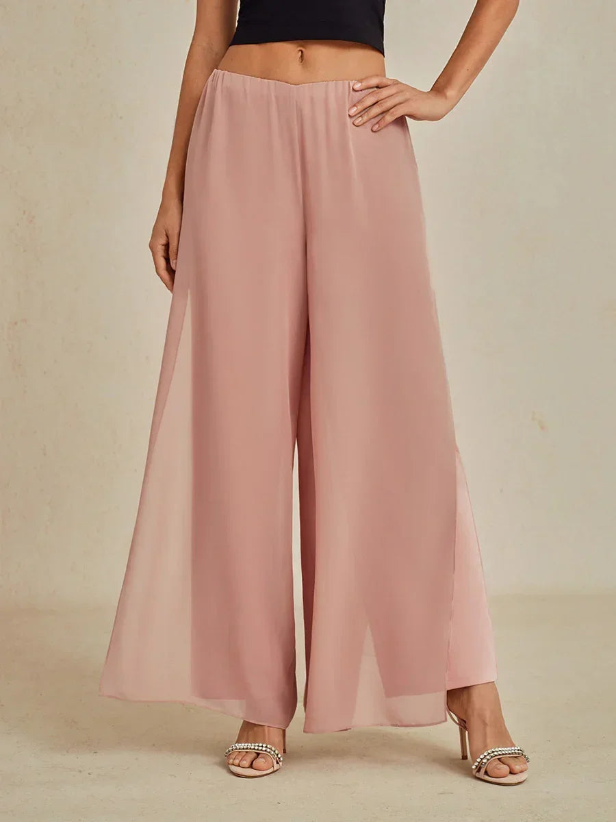 Straight-Leg Pants with Chiffon Split Overlay