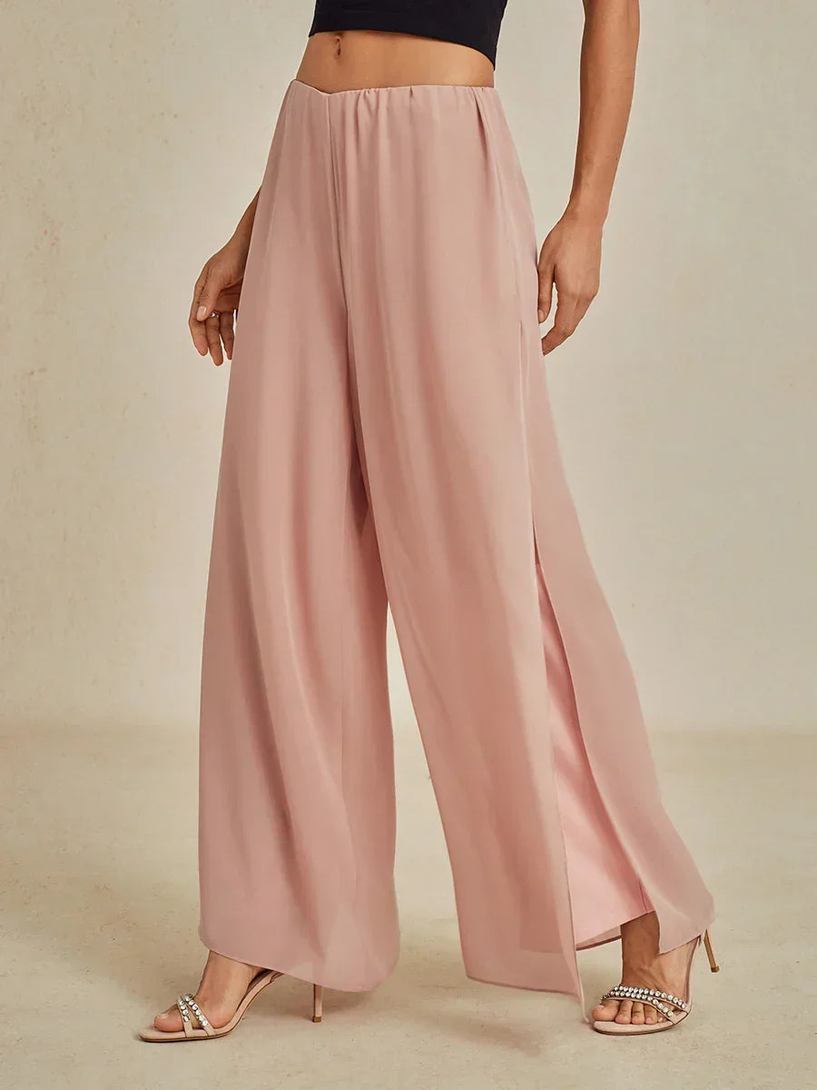 Straight-Leg Pants with Chiffon Split Overlay