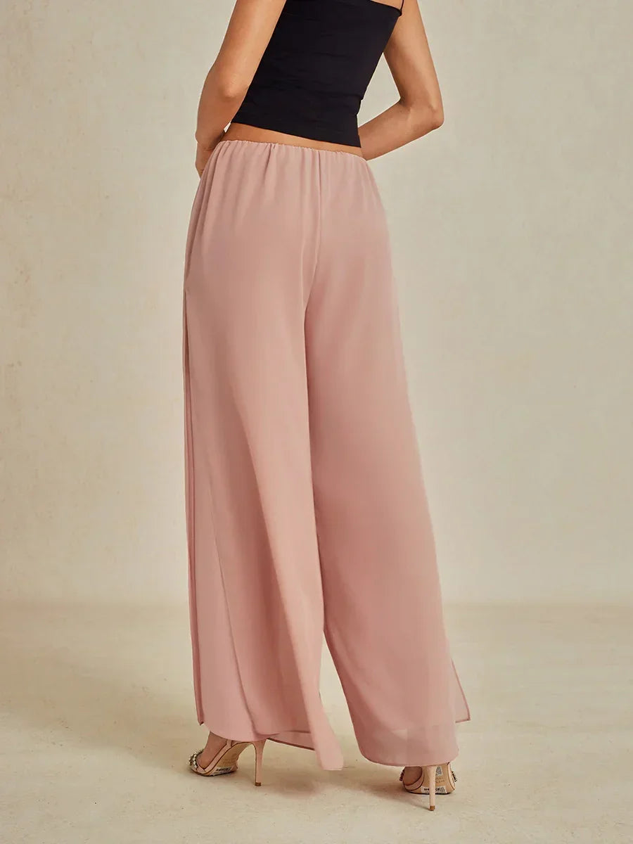 Straight-Leg Pants with Chiffon Split Overlay