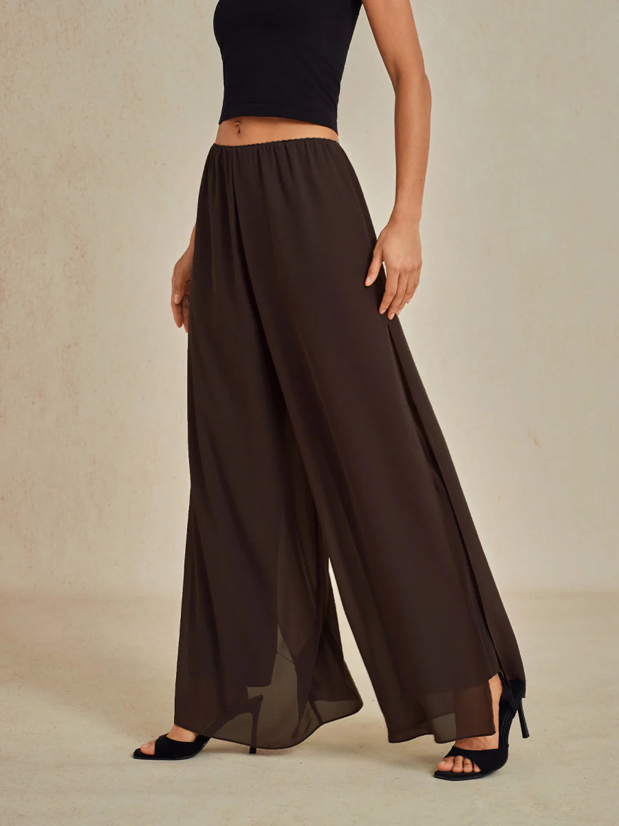 Straight-Leg Pants with Chiffon Split Overlay
