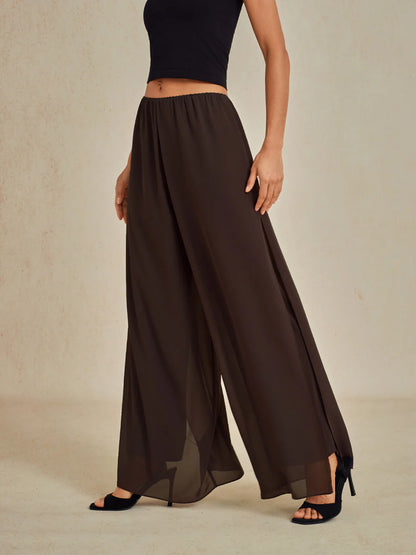 Straight-Leg Pants with Chiffon Split Overlay