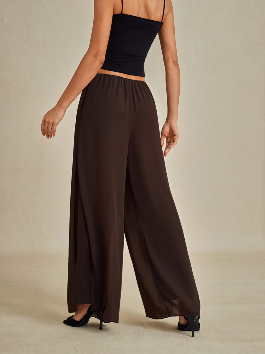Straight-Leg Pants with Chiffon Split Overlay