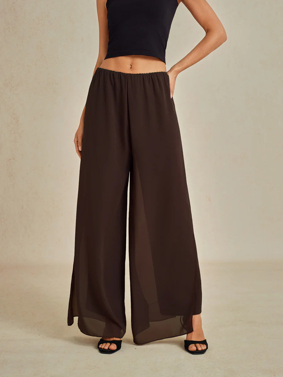 Straight-Leg Pants with Chiffon Split Overlay