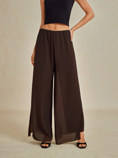 Straight-Leg Pants with Chiffon Split Overlay