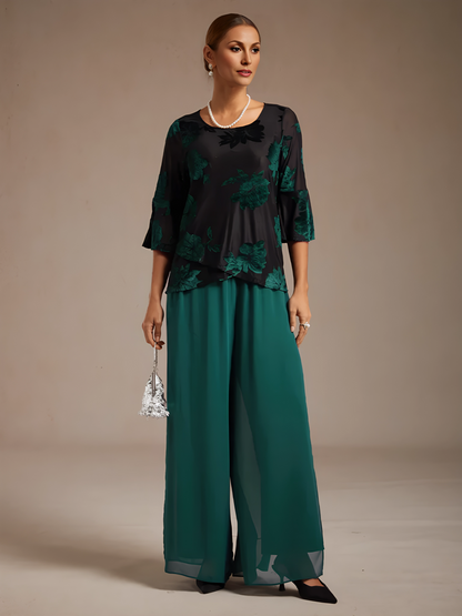 Straight-Leg Pants with Chiffon Split Overlay