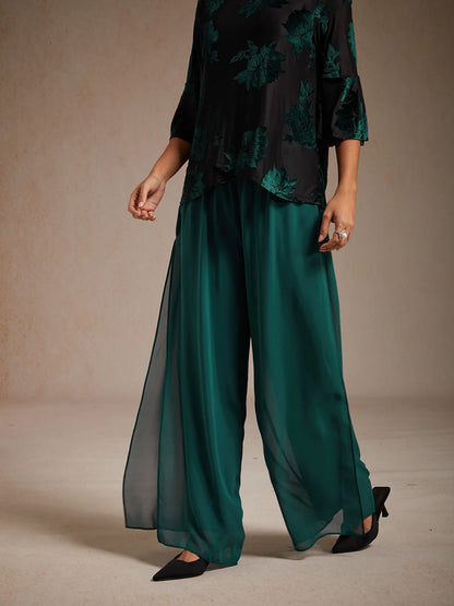 Straight-Leg Pants with Chiffon Split Overlay