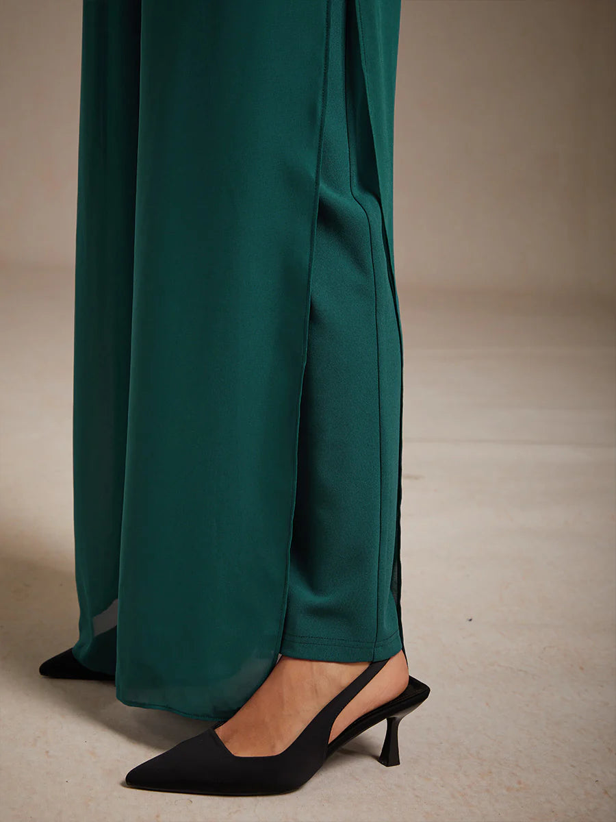 Straight-Leg Pants with Chiffon Split Overlay
