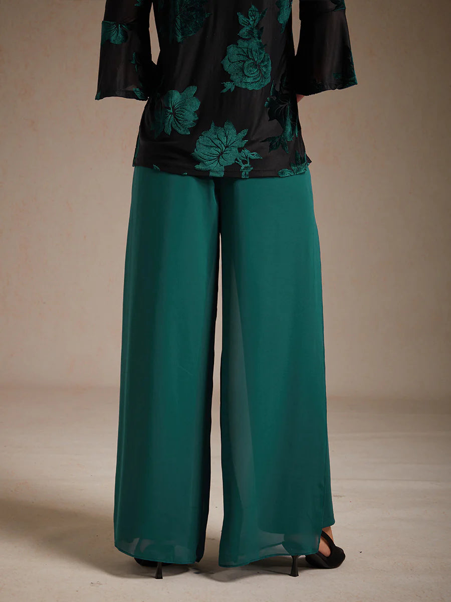 Straight-Leg Pants with Chiffon Split Overlay