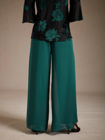 Straight-Leg Pants with Chiffon Split Overlay