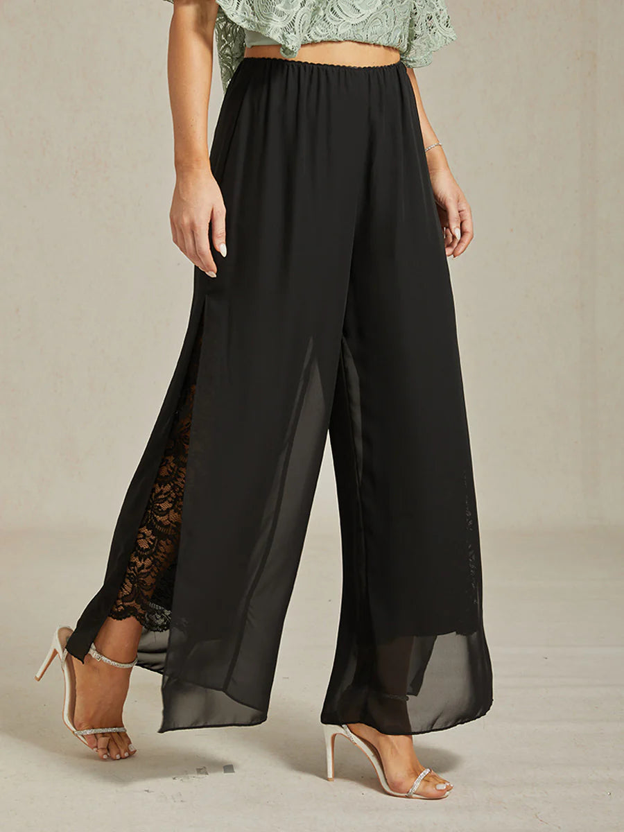 Straight-Leg Pants with Chiffon Split Overlay