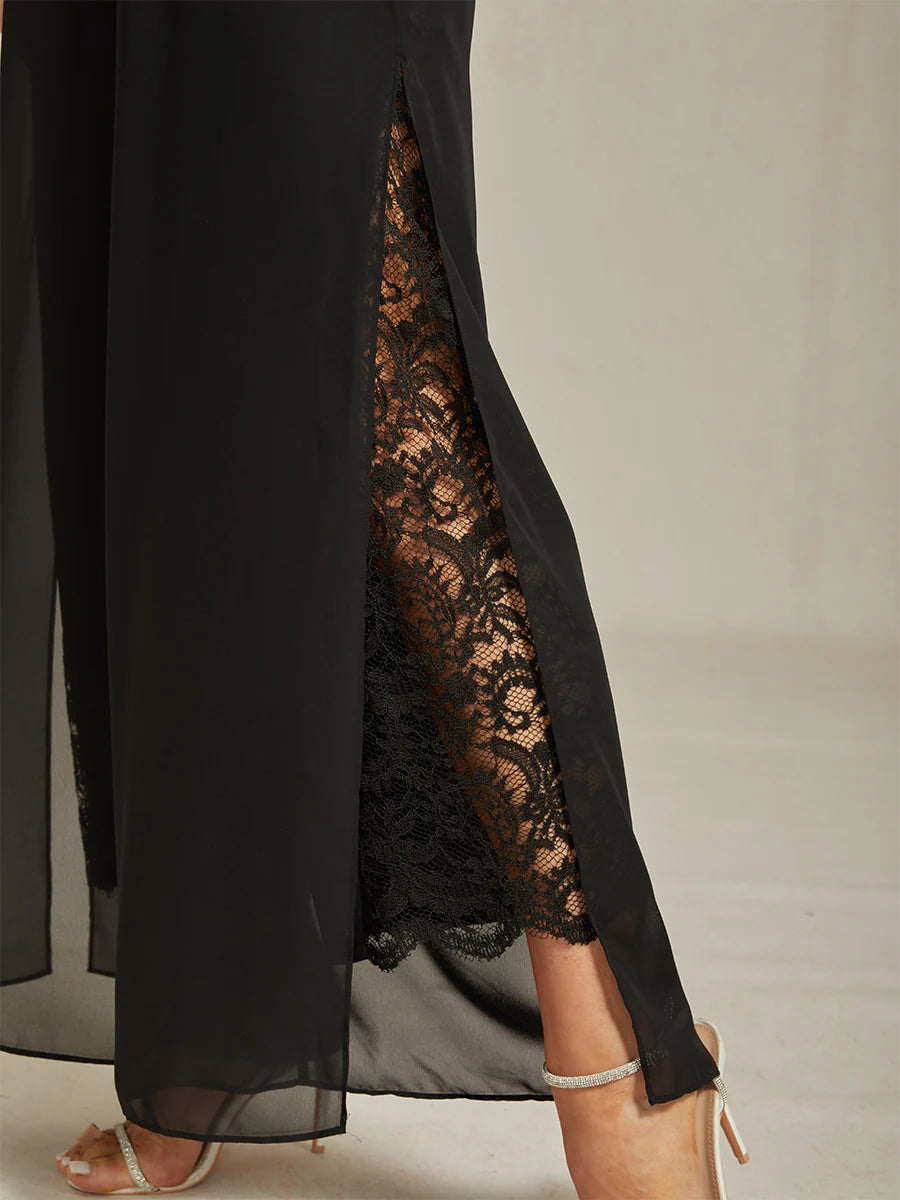 Straight-Leg Pants with Chiffon Split Overlay