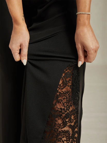 Straight-Leg Pants with Chiffon Split Overlay