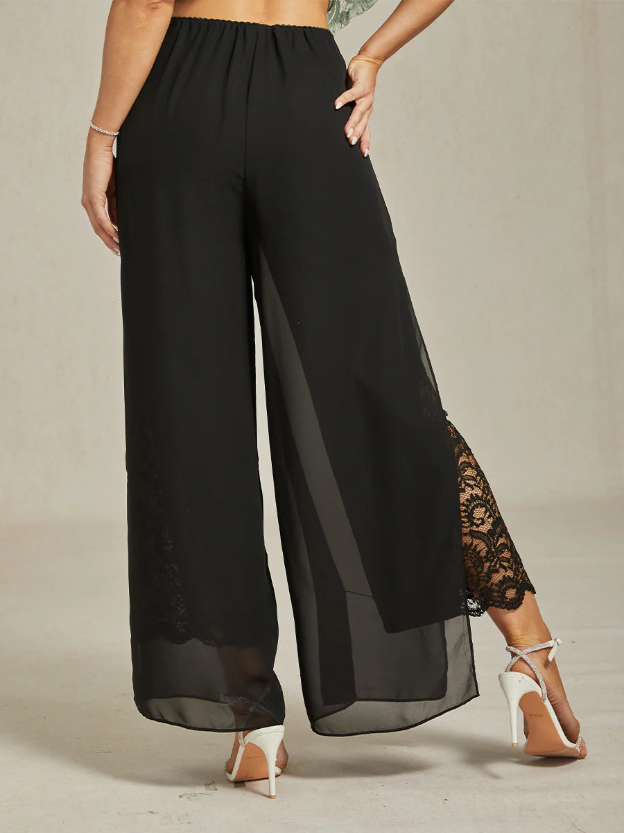Straight-Leg Pants with Chiffon Split Overlay