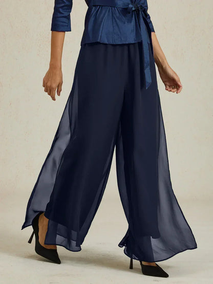 Straight-Leg Pants with Chiffon Split Overlay