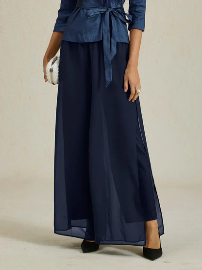 Straight-Leg Pants with Chiffon Split Overlay