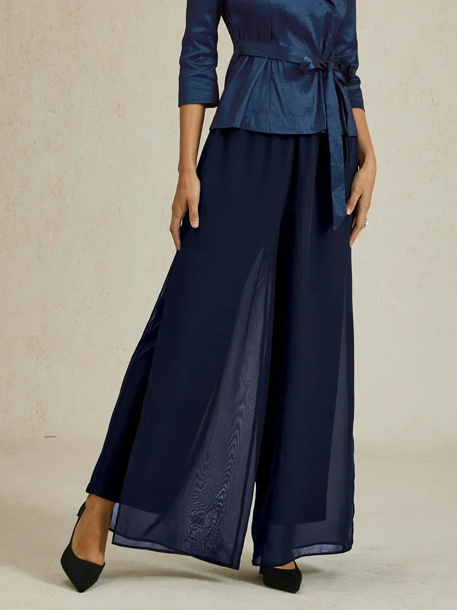 Straight-Leg Pants with Chiffon Split Overlay