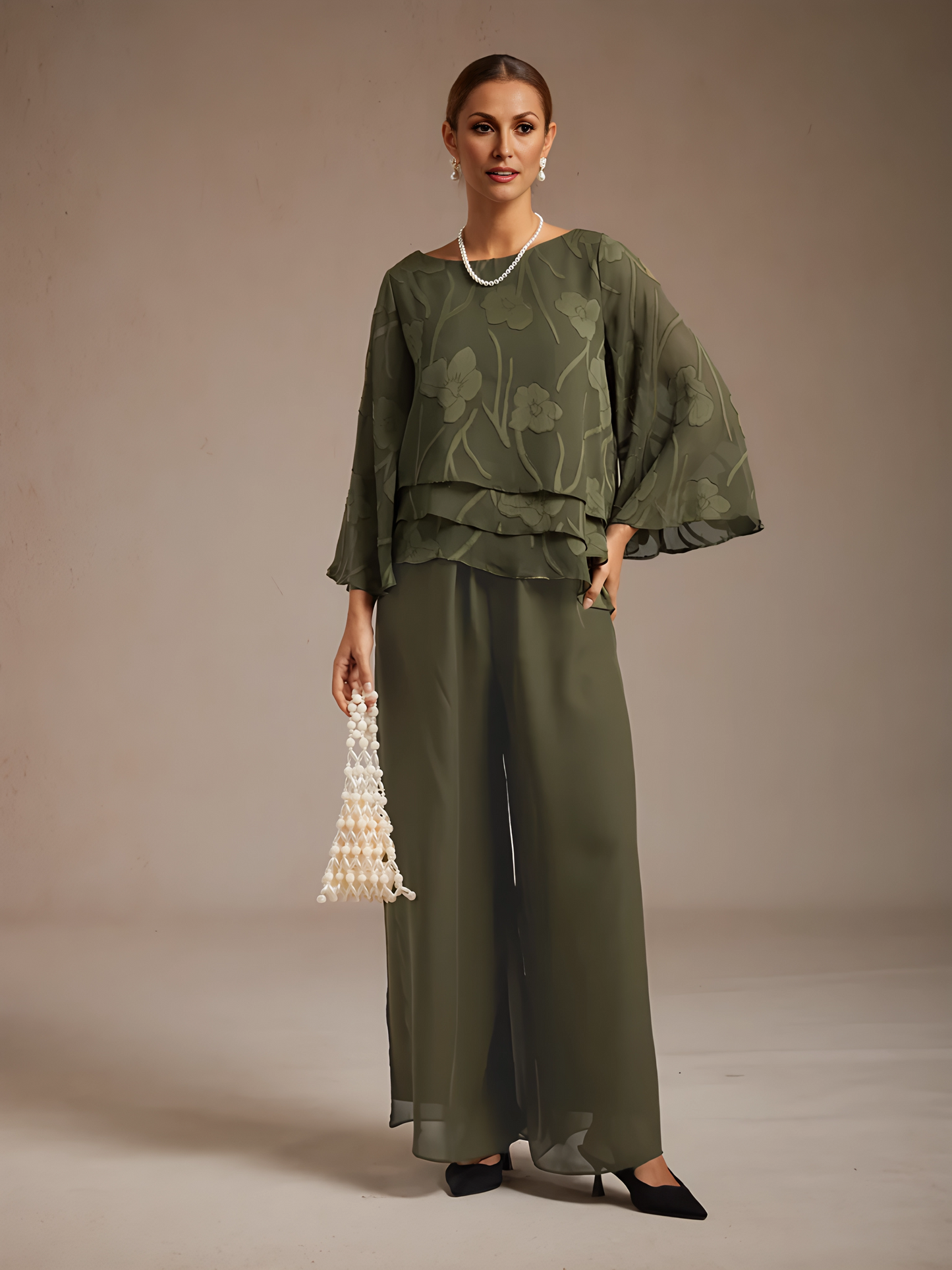 Straight-Leg Pants with Chiffon Split Overlay