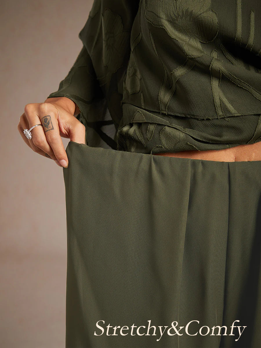 Straight-Leg Pants with Chiffon Split Overlay