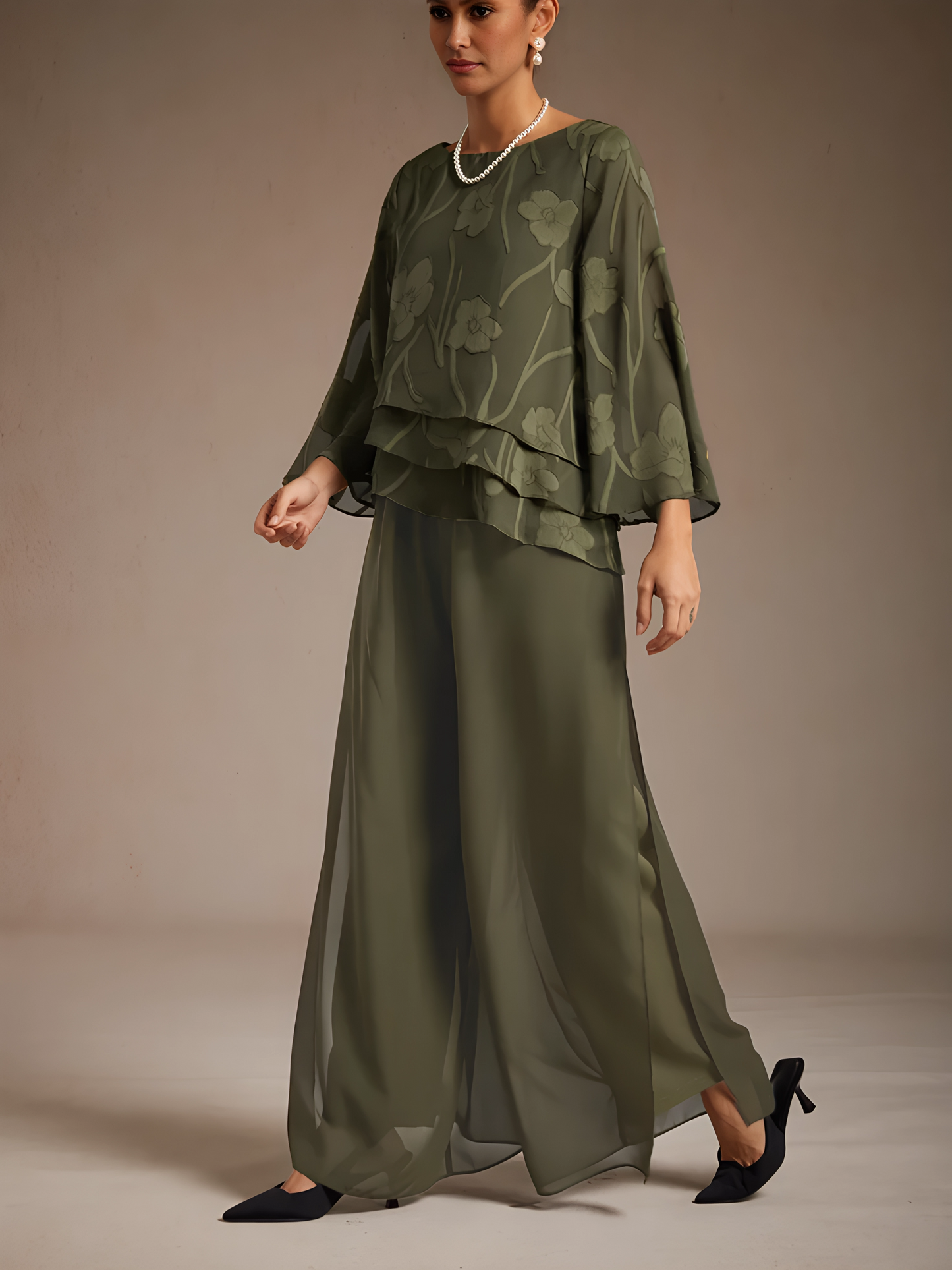 Straight-Leg Pants with Chiffon Split Overlay