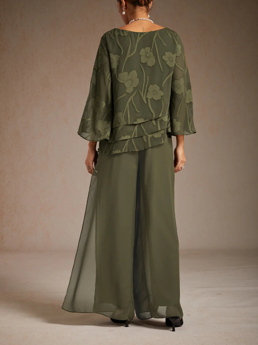 Straight-Leg Pants with Chiffon Split Overlay