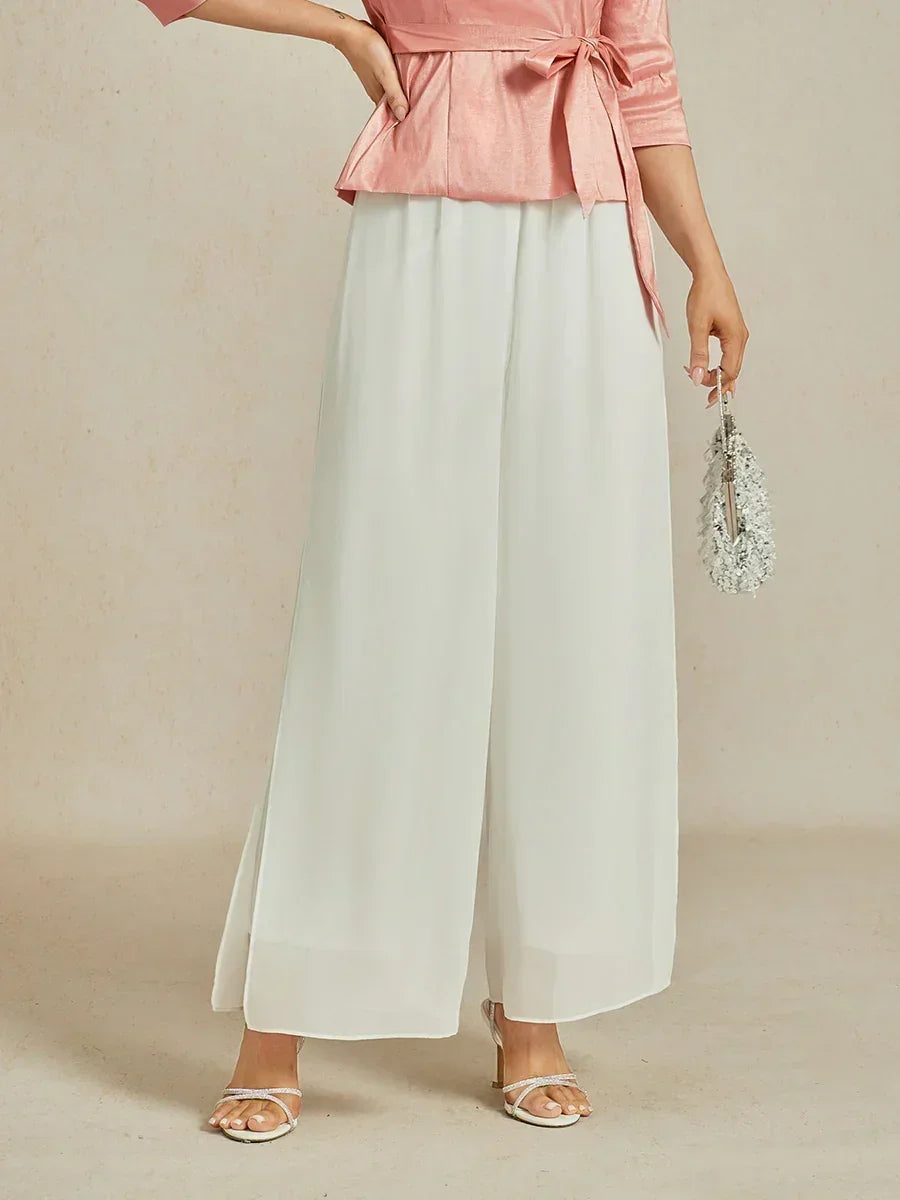 Straight-Leg Pants with Chiffon Split Overlay