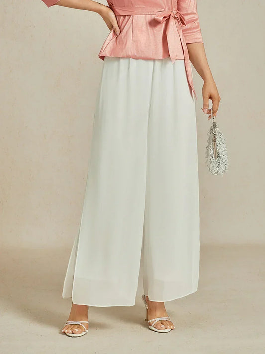 Straight-Leg Pants with Chiffon Split Overlay