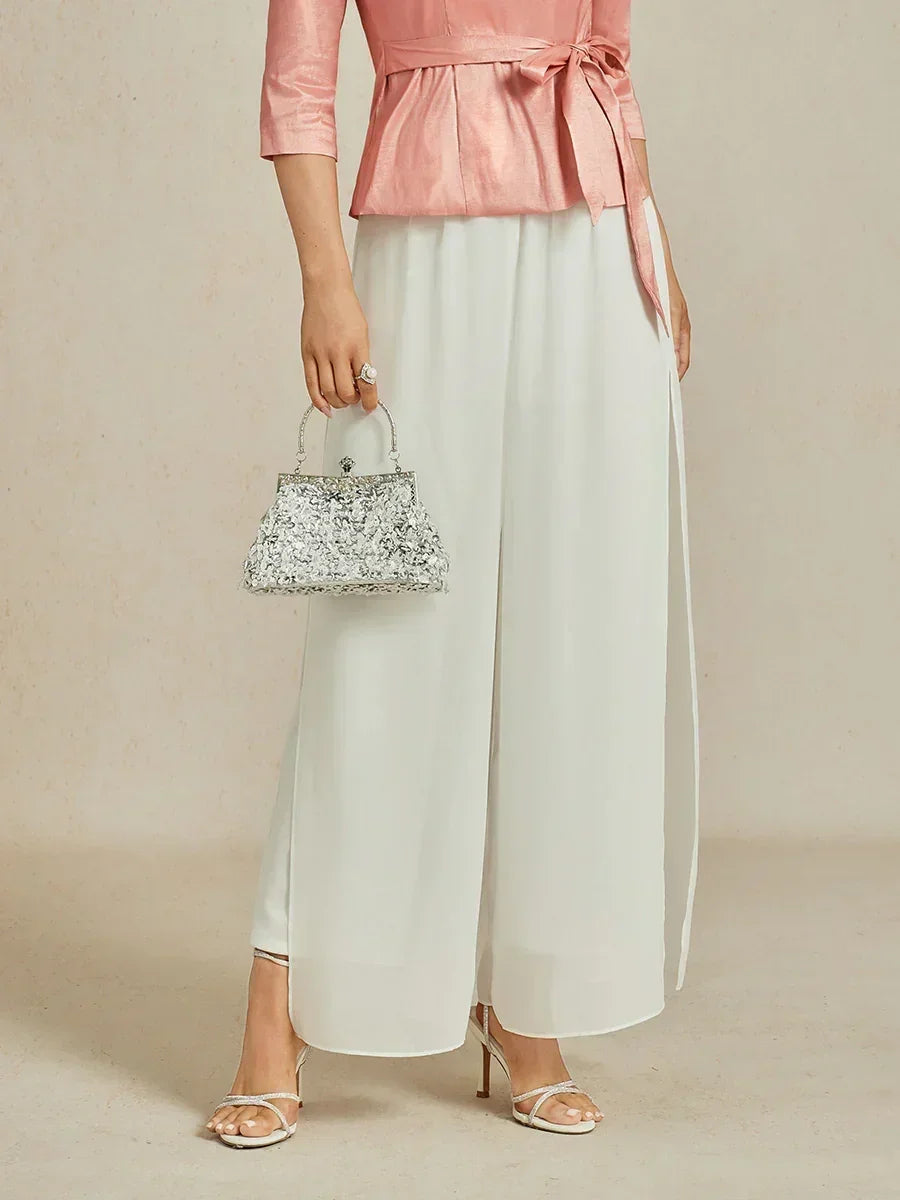 Straight-Leg Pants with Chiffon Split Overlay